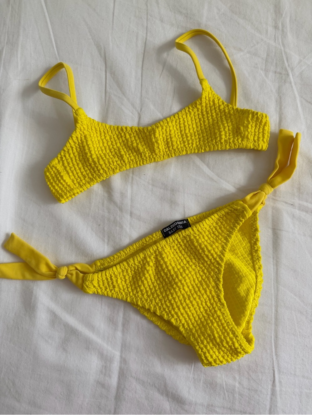 Textured Yellow Bikini Set - Tie Side Bottoms